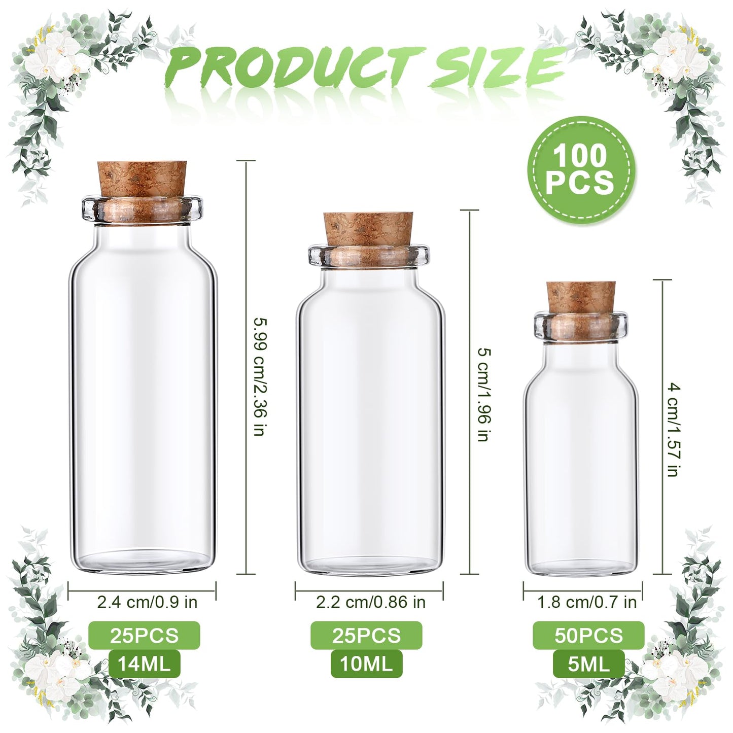 Dandat 100 Pcs Mini Glass Jars Bottles with Cork Stoppers, 5ml, 10ml, 14ml DIY Decoration Small Clear Glass Jars for Halloween Arts Crafts Projects Wedding Party Favors