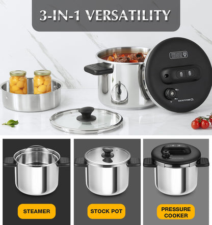 KOCH SYSTEME CS Stainless Steel Pressure Cooker 8.5QT, Olla de Presion, 18/10 Stainless Steel Pressure Cooker, Easy One-Press Lock, Stovetop Pressure Cookers, Induction Ready, Glass Lid & Steamer