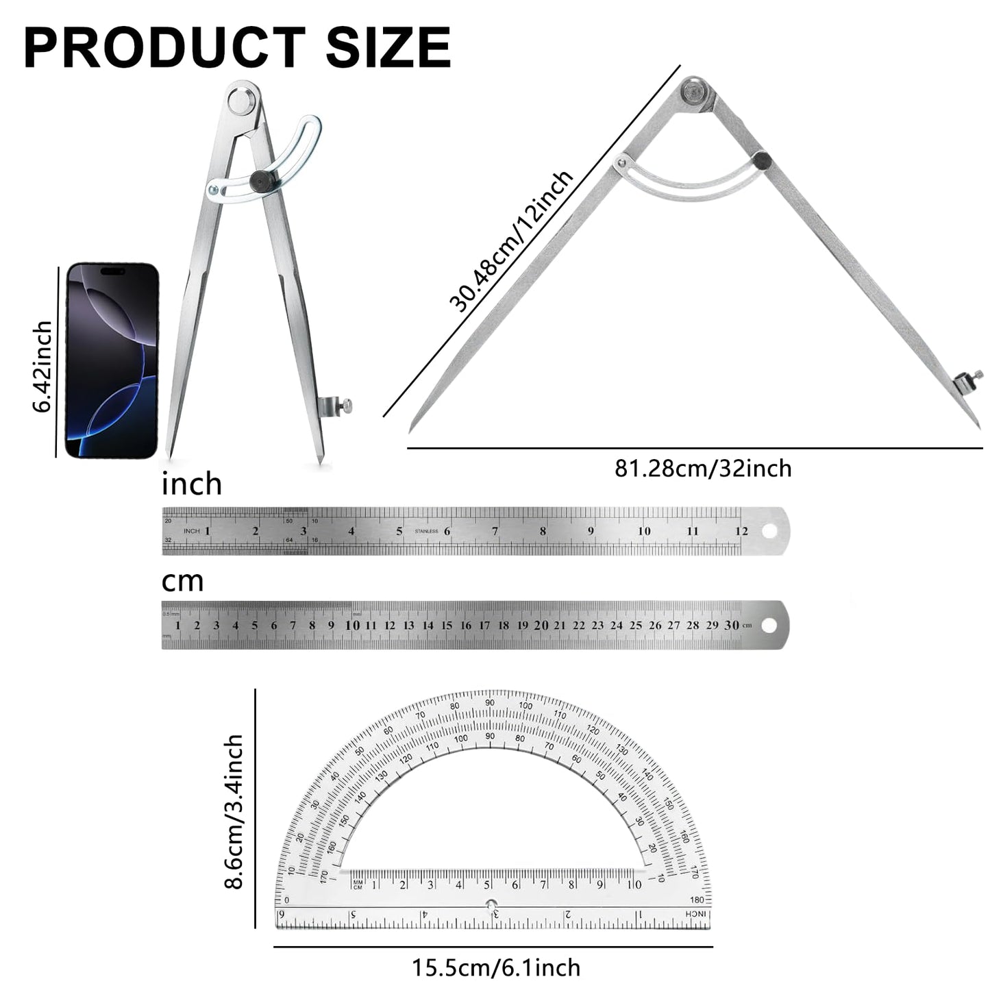 MVRPOWER Compass Geometry Tool, Drawing Compass, Professional 12 Inch Large Compass with Wing for Woodworking, 6 Inch Protractor, 12 Inch Ruler for Carpenter, Drafting