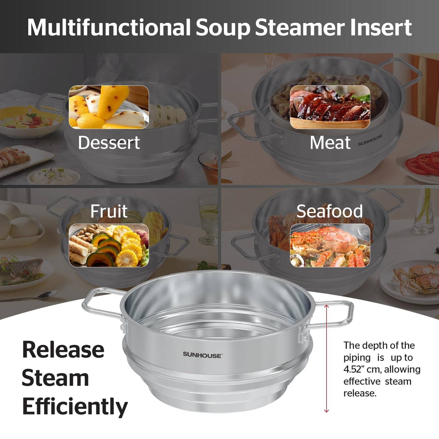 SUNHOUSE 5 Quart Stainless Steel Steamer Insert – Multi-Purpose Soup & Food Steamer with Stay-Cool Handles & Heavy-Duty Glass Lid – Fits Various Pot Sizes (8", 8.5", 9.5")