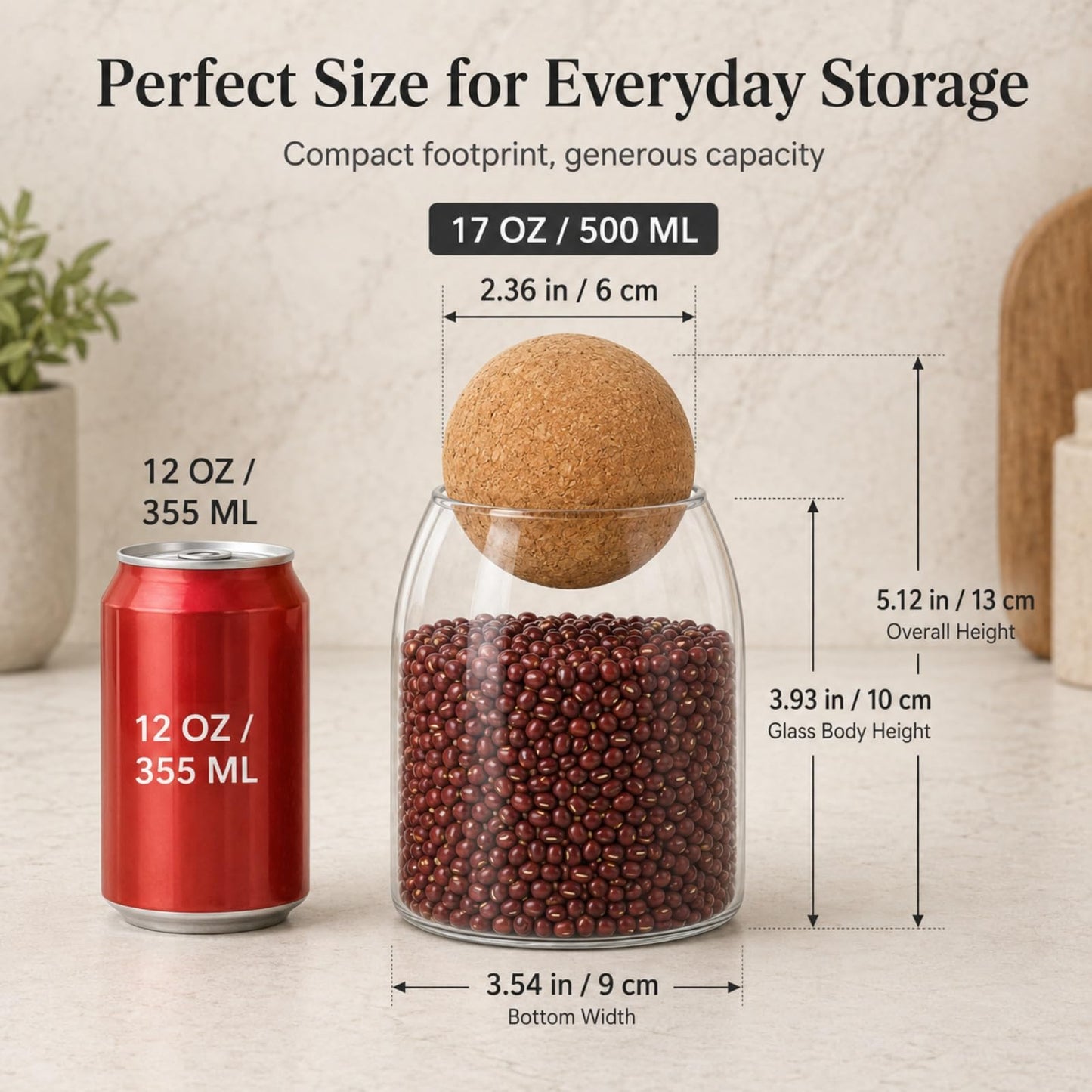 RHBLME 3 Pack Glass Storage Containers with Ball Cork, 17 Oz/500ML Glass Jar with Cork Lid, Round Cork Glass Bottle, Small Candy Jar with Wood Ball Lid for Food, Coffee, Sugar, Spice, Tea, etc