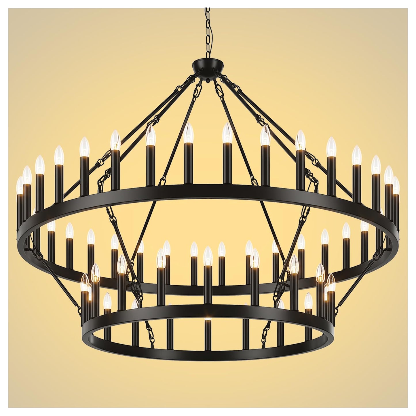 Yikrfiae 2 Tier Black Large Wagon Wheel Chandelier, 54-Lights 60 Inch Farmhouse Pendant Light Fixture, Round Rustic Hanging Lighting for Dining Room Kitchen Island Foyer Entryway
