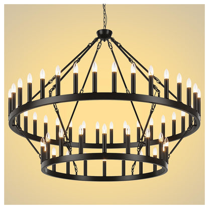 Yikrfiae 2 Tier Black Large Wagon Wheel Chandelier, 54-Lights 60 Inch Farmhouse Pendant Light Fixture, Round Rustic Hanging Lighting for Dining Room Kitchen Island Foyer Entryway