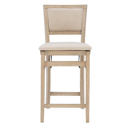 Linon Keira Natural Rustic Wooden Folding 25 Inch Seat Height Counter Stool with Beige Upholstered Seat and Back