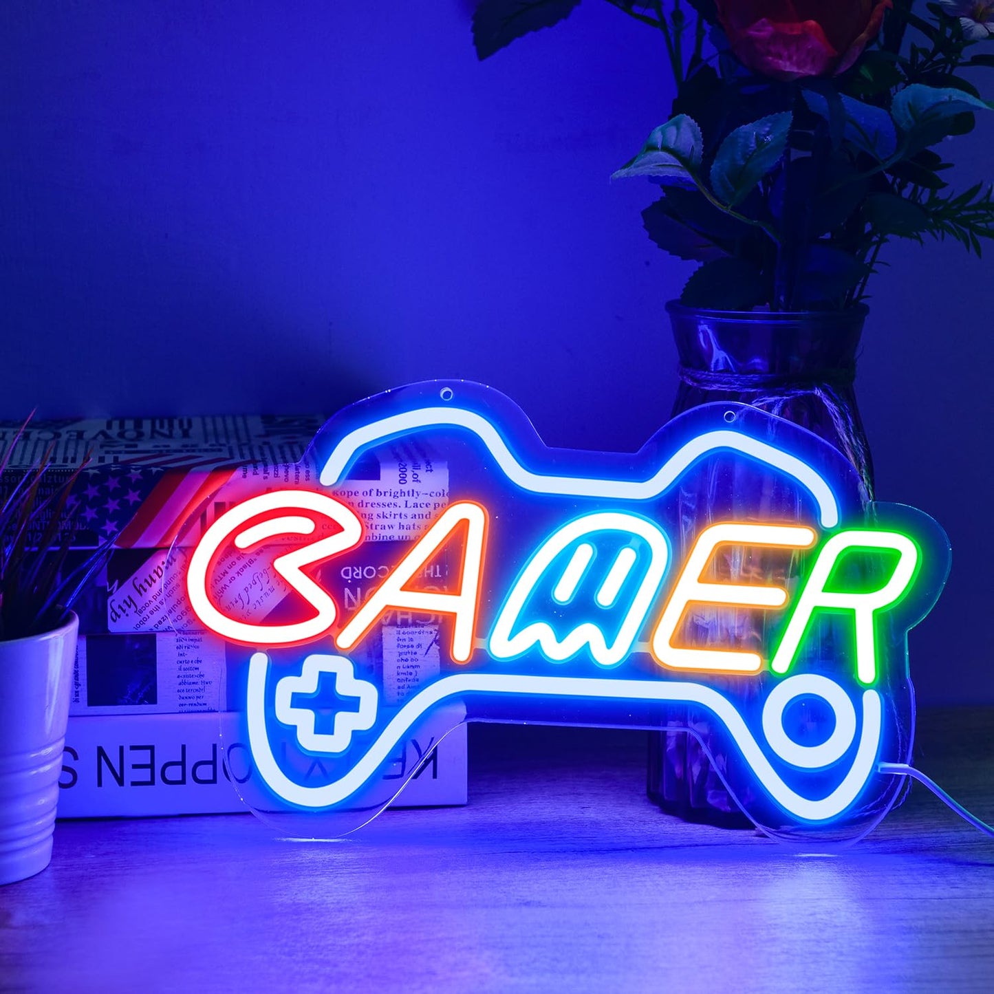 Reezldokn Gamer Neon Sign for boy room decor, 15 * 9 inch Blue Gaming led lights with USB Power and Dimmer Switch for game room decor,teen's room,man cave,adult and Kids