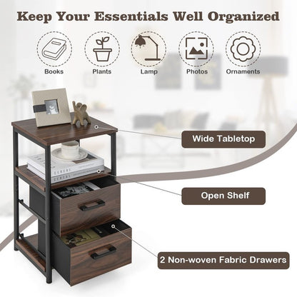 COSTWAY Nightstand with 2 Fabric Drawers, 3-Tier Bedside Sofa Side Table with Open Shelf, Metal Frame, Industrial End Table for Bedroom, Living Room, Dormitory, Walnut
