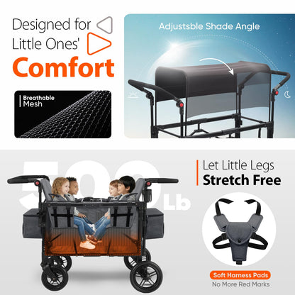 Sekey 4 Seater Stroller Wagon for Kids - Premium Quality with Convertible Seats, Adjustable Push Handles, Removable Canopy, Snack Tray & Cooler, US Certified.