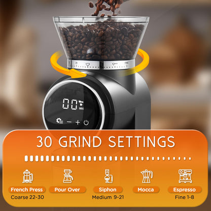 Ollygrin Conical Burr Coffee Grinder Electric, Compact Coffee Grinder for Home Use,Burr Mill Grinder with 30 Precise Grinding Sizes, Touch Panel, Removable Burr & Coffee Container, 2-12 Cups