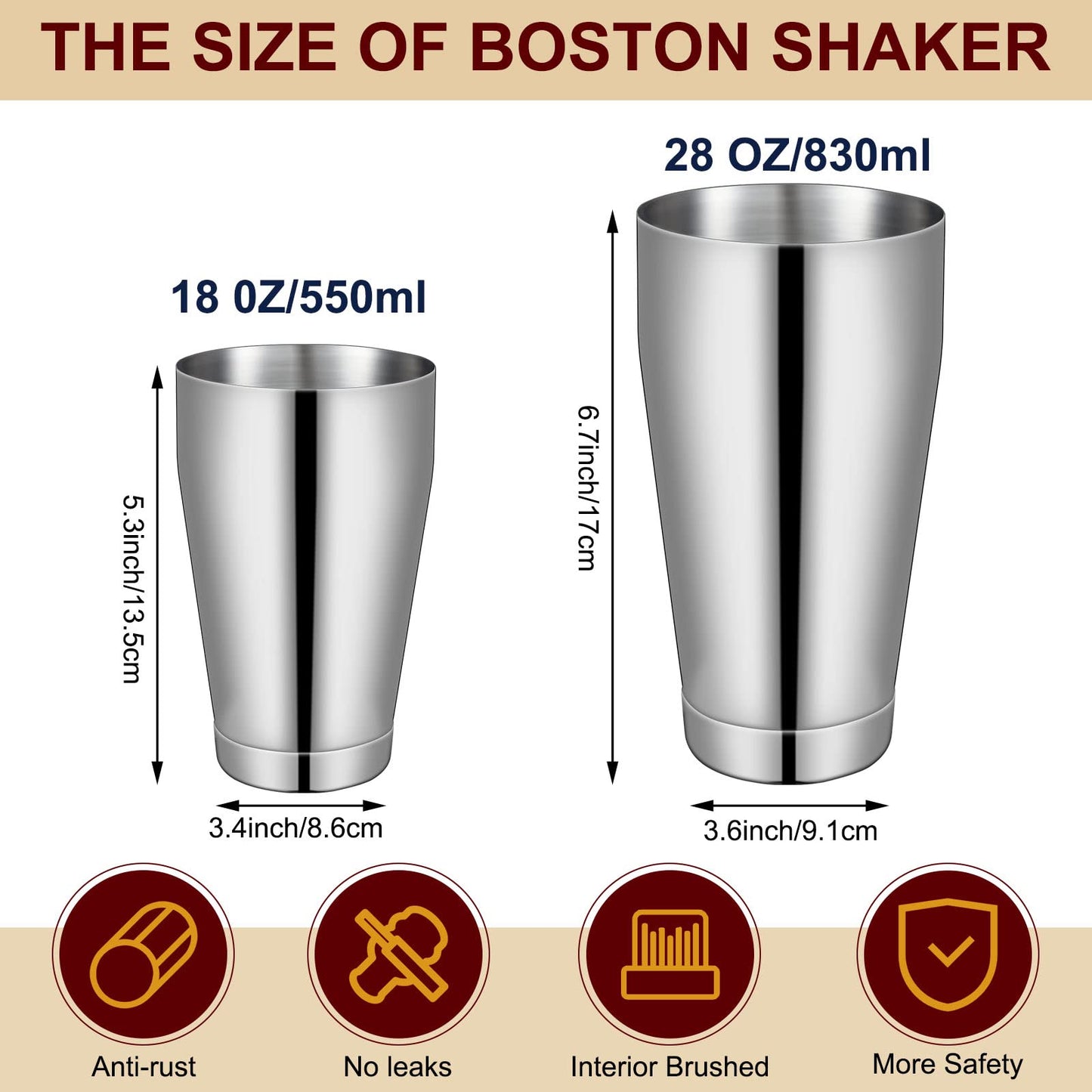 Lallisa 10 Pieces Cocktail Shakers Professional Bar Boston Shaker Set Stainless Steel Martini Shaker Drink Mixer Basic Tools Weighted Shake Metal Can for Bartenders, 18 Oz, 28 oz(Silver)