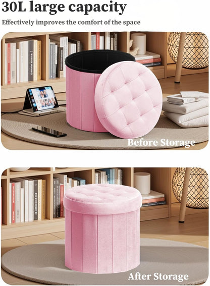 14" 14" 13"Inch Bsketa Folding Storage Ottoman Round x x Foot Stool with Thicker Foam Padded Seat Small Velvet Storage