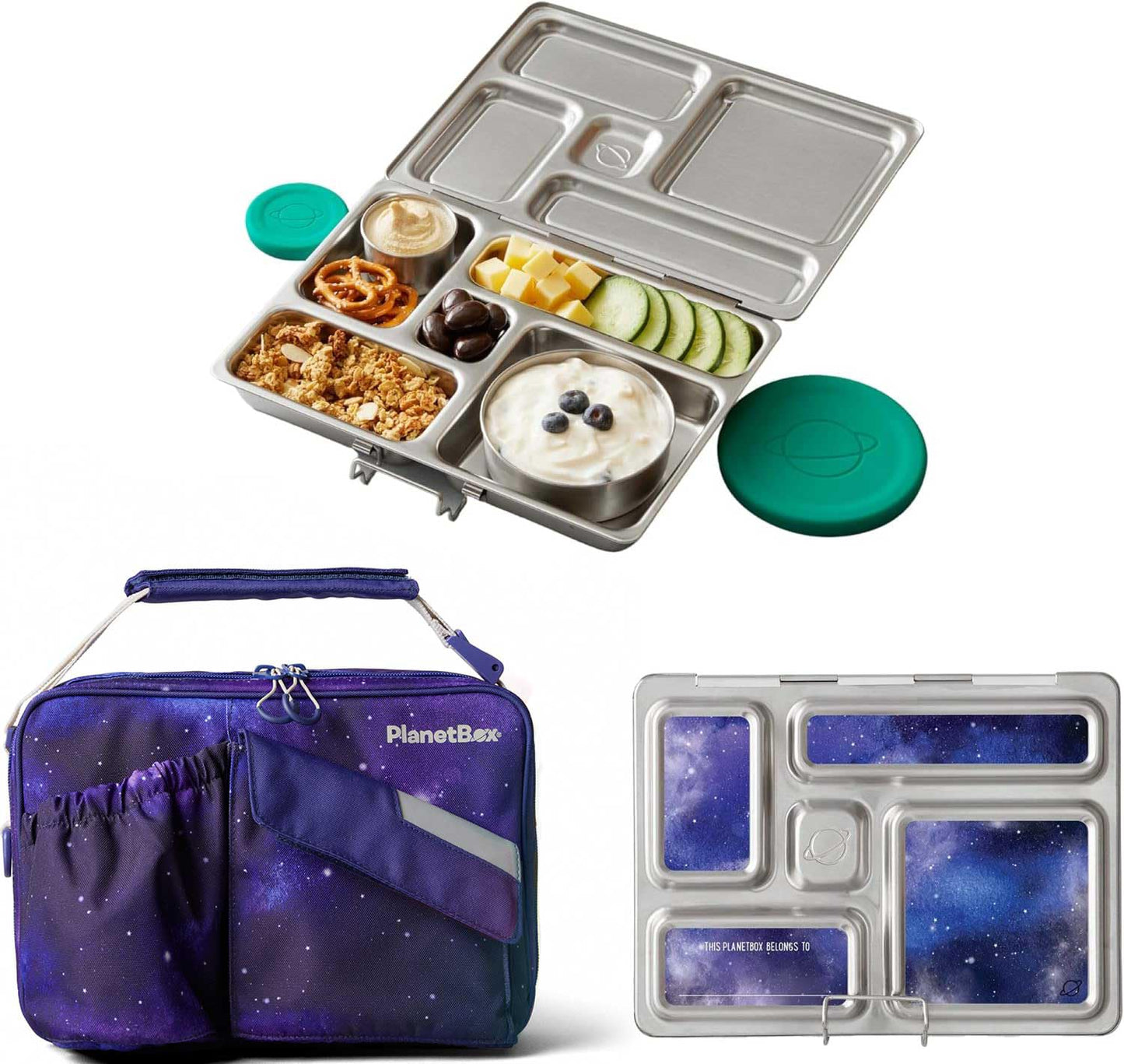 PlanetBox Rover Stainless Steel Bento Box Style Lunch Box Kit for Kids with 5 Compartments – Stardust Edition includes Insulated Lunch Bag, Leakproof Food Containers and Matching Magnets