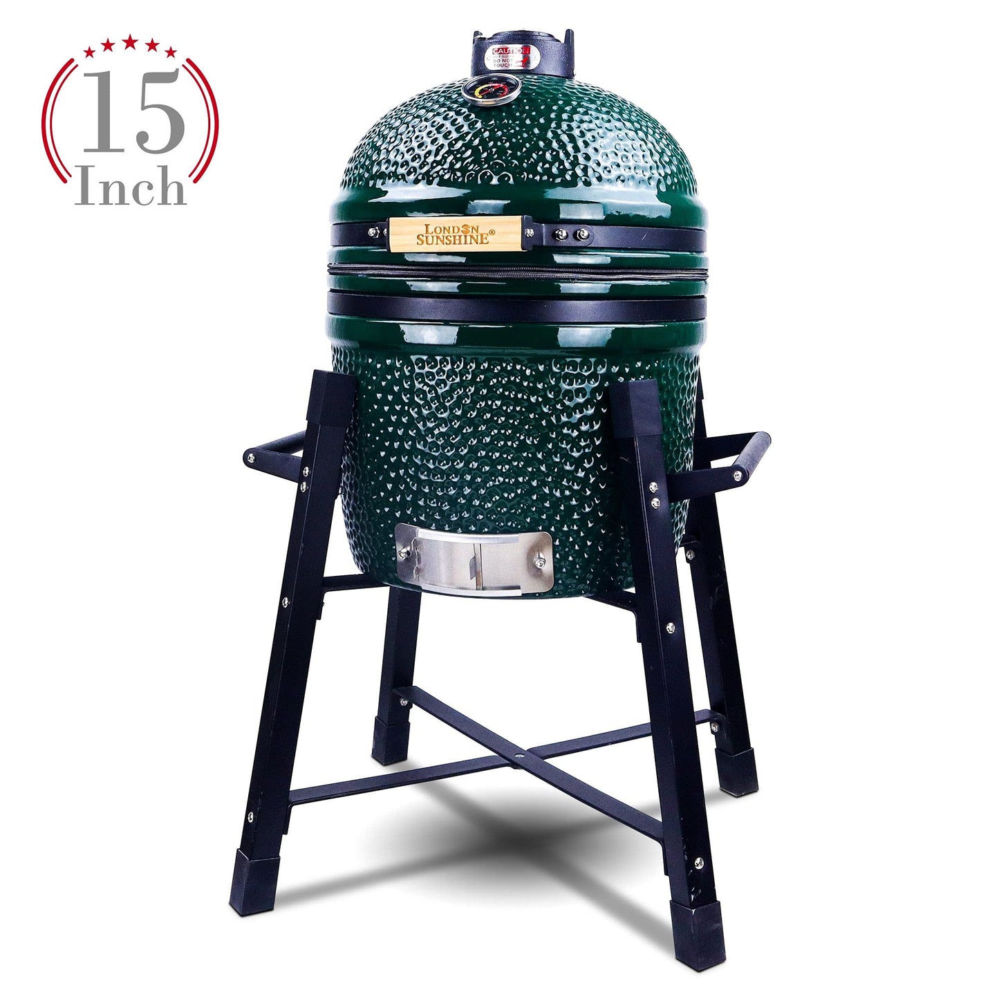 London Sunshine Ceramic Kamado Charcoal BBQ Grill and Smoker, Stainless Steel Grates -15" Ceramic with Tall Stand (GREEN)