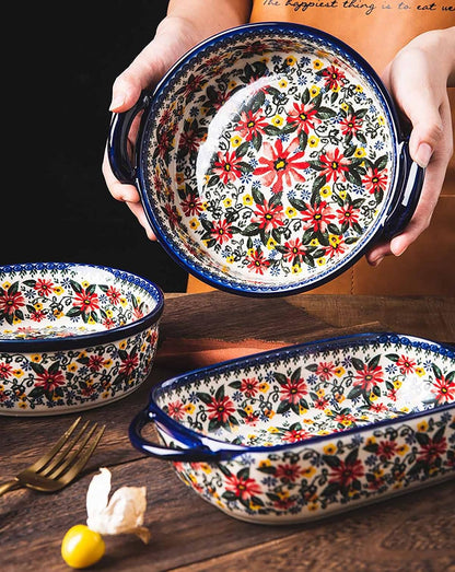 Red Daisy Flower Vintage Style Ceramic Bakeware Casserole Dish Baking Pan with Handles