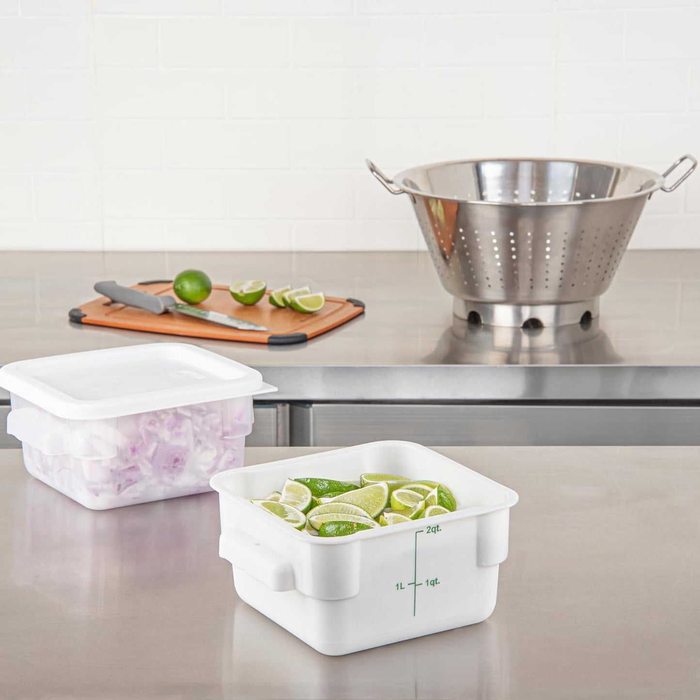 Restaurantware Met Lux 2 qt Square White Plastic Food Storage Container with Green Volume Markers, 10 Count Box