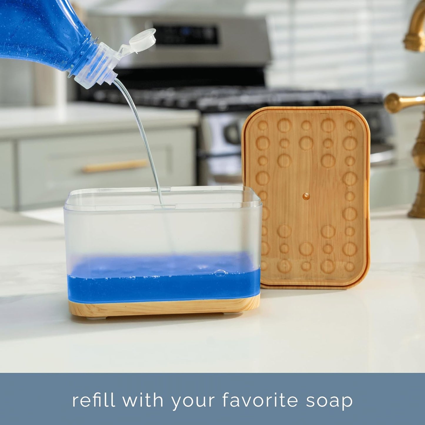 S&T INC. Dish Soap Dispenser - Waterproof Labels & Sponge Included | 13 Oz Plastic & Bamboo