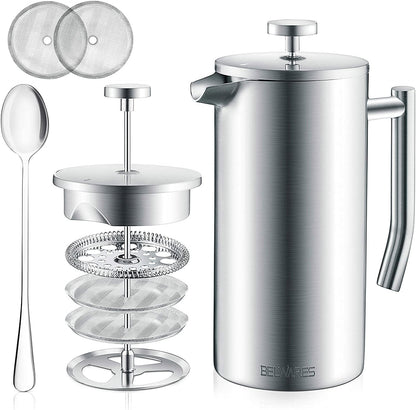 Belwares 34 oz French Press Coffee Maker, Double Insulated Stainless Steel with 2 Extra Screens and Coffee Spoon
