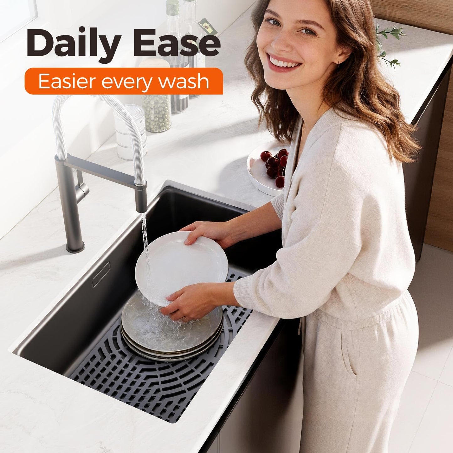 Snuggery Silicone Sink Protector 30"x16" Rear Drain Hole, Heat Resistant Non-slip Dishwasher Suitable, Large Sink Mat for Bottom of Farmhouse Kitchen Stainless Steel Sinks