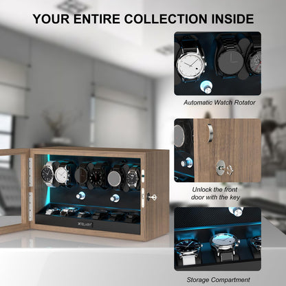 XTELARY Watch Winder for 6 Automatic Watches, Lockable Automatic Winders with Extra 6 Watch Storages, 4 Rotation Modes, Flexible Pillows, Quiet Mabuchi Motor, and Blue Backlight
