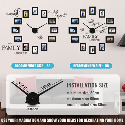 Sratte 3D Large Family Photo Clock Frame Wall Decor, 5 x 3.5 Inch Family Tree Decor, Paper Photo Frame DIY Clock Quote Wall Stickers Kit for Home Office Living Room Bedroom Mother's Day(Black)