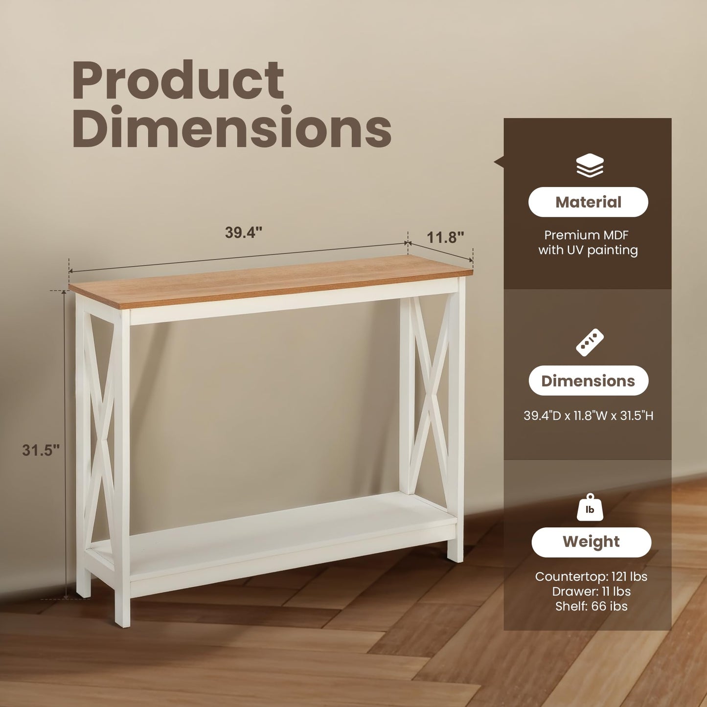 PHI VILLA White Entryway Table, Farmhouse Console Table Narrow Sofa Table Hallway, Ivory Skinny Entry Table