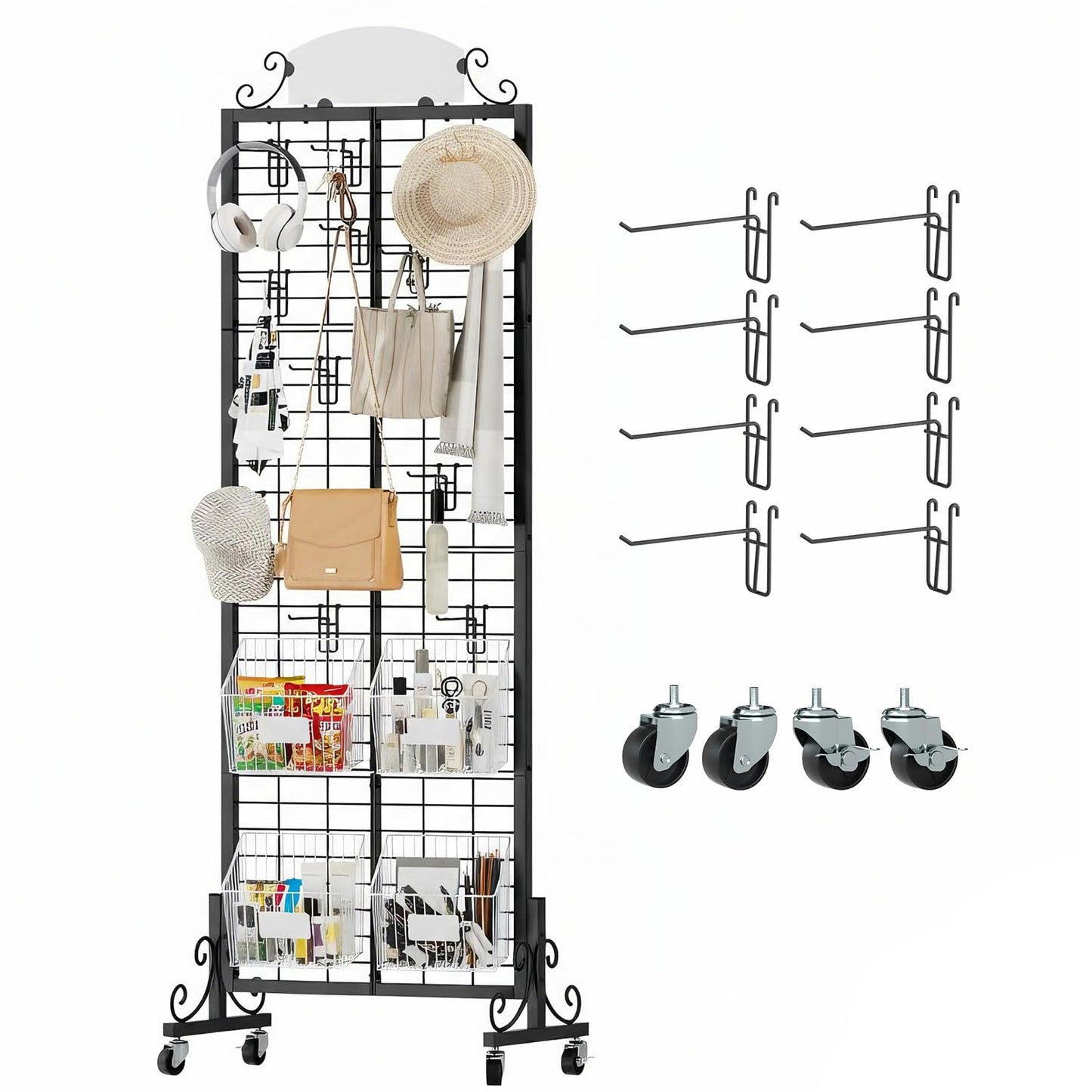 Urban Deco Grid Wall Panel Display Stand, 2.2' x 6.2' FT Gridwall Panel with Extra 8 Hooks, Craft Show Display Rack Black Metal Grids Standing Wire Rack for Retail Merchandise
