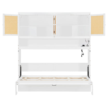 DNYN Murphy Bed Frame with Top Cabinet and LED for Bedroom/Guest/Study Room, Twin Size Wooden Foldable Wall Bed with USB Ports, Space-Saving Design & No Box Spring Needed