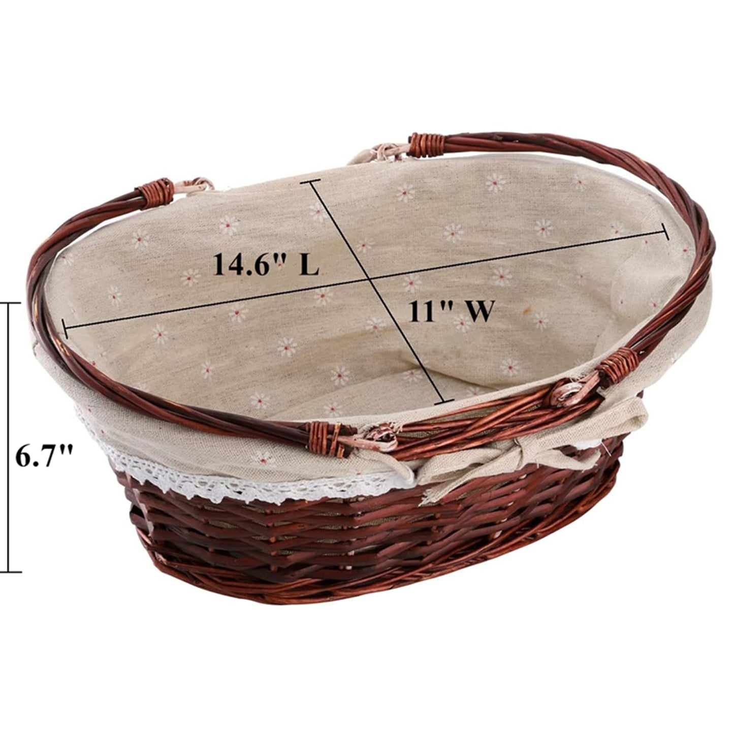 Dicunoy Wicker Basket with Handle, Picnic Baskets with Liner, Empty Gift Gardening Baskets for Harvesting, Willow Organizer Storage Basket for Fruit, Candy, Wine, Gathering, Wedding