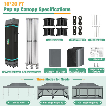 COBIZI 10x20 Canopy Tent, Heavy Duty Pop up Canopy with Sidewalls, Waterproof Easy Setup Canopy with Mosquito Netting, Outdoor Instant Screen Tents for Parties, Wedding with Roller Bag, Gray
