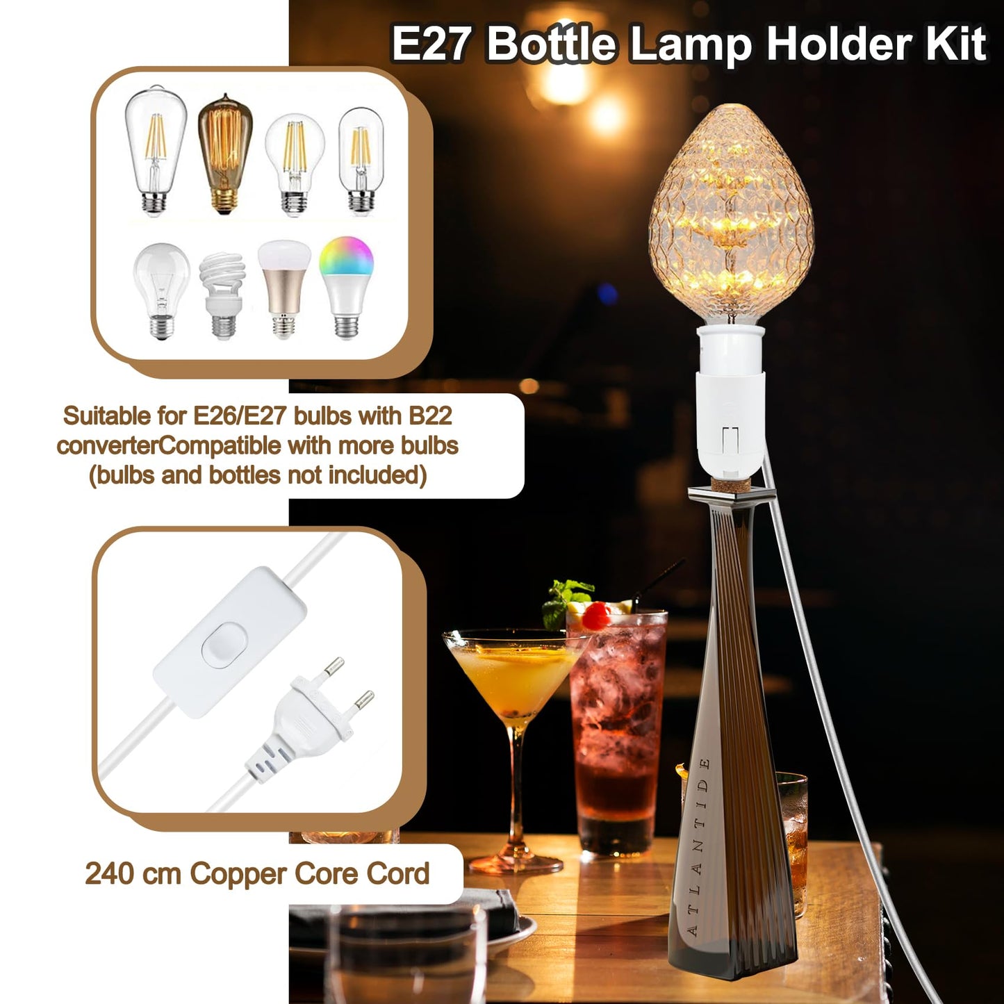 2 Pack Bottle Lamp Kits, 240cm Wine Bottle Table Lamp, DIY Lamp Fittings Kit for Table Lamp with E26/E27 to B22 Converter 3 Sizes of Corks No Drilling (No Bulb)
