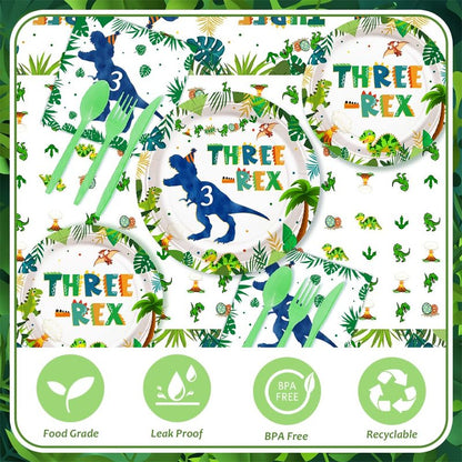 AIBIIN 194pcs Three Rex Birthday Decorations for Boy 3rd Birthday Party Plates, Cup, Napkin, Tablecloth, Tableware, Dinosaur 3 year old Birthday Party Supplies Plates Serve 24 Guests