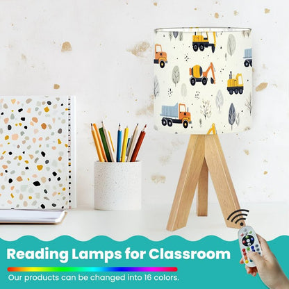 OEPWQIWEPZ Tripod Bedside Desk Table Lamp Cute Children Seamless Construction Machinery Cartoon Hand Wood Nightstand Lamp with Linen Fabric Shade for Nursery Bedroom Living Room Kids Room