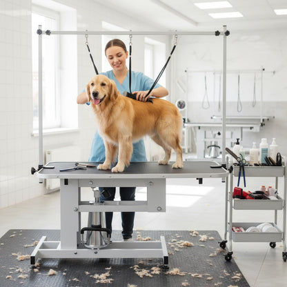 GarveeHome 43.6 in Pet Grooming Table for Large Dogs, Heavy Duty Height Adjustable Dog Grooming Table With Overhead Arm & Noose Height Range 22 in -39 in, Maximum Capacity Up to 350 LBS, White