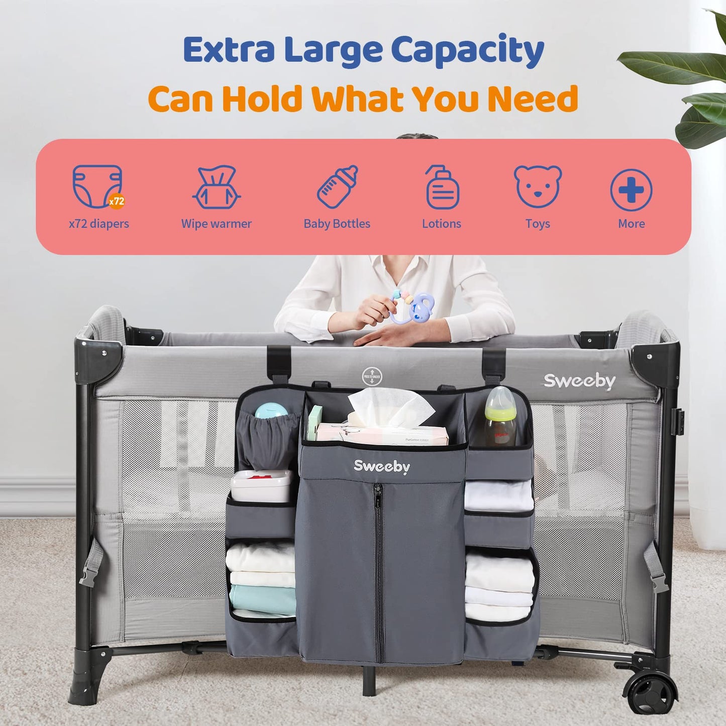 Sweeby Diaper Organizer for Changing Table and Crib - Nursery Diaper Stacker Hanging Caddy for Baby Essentials