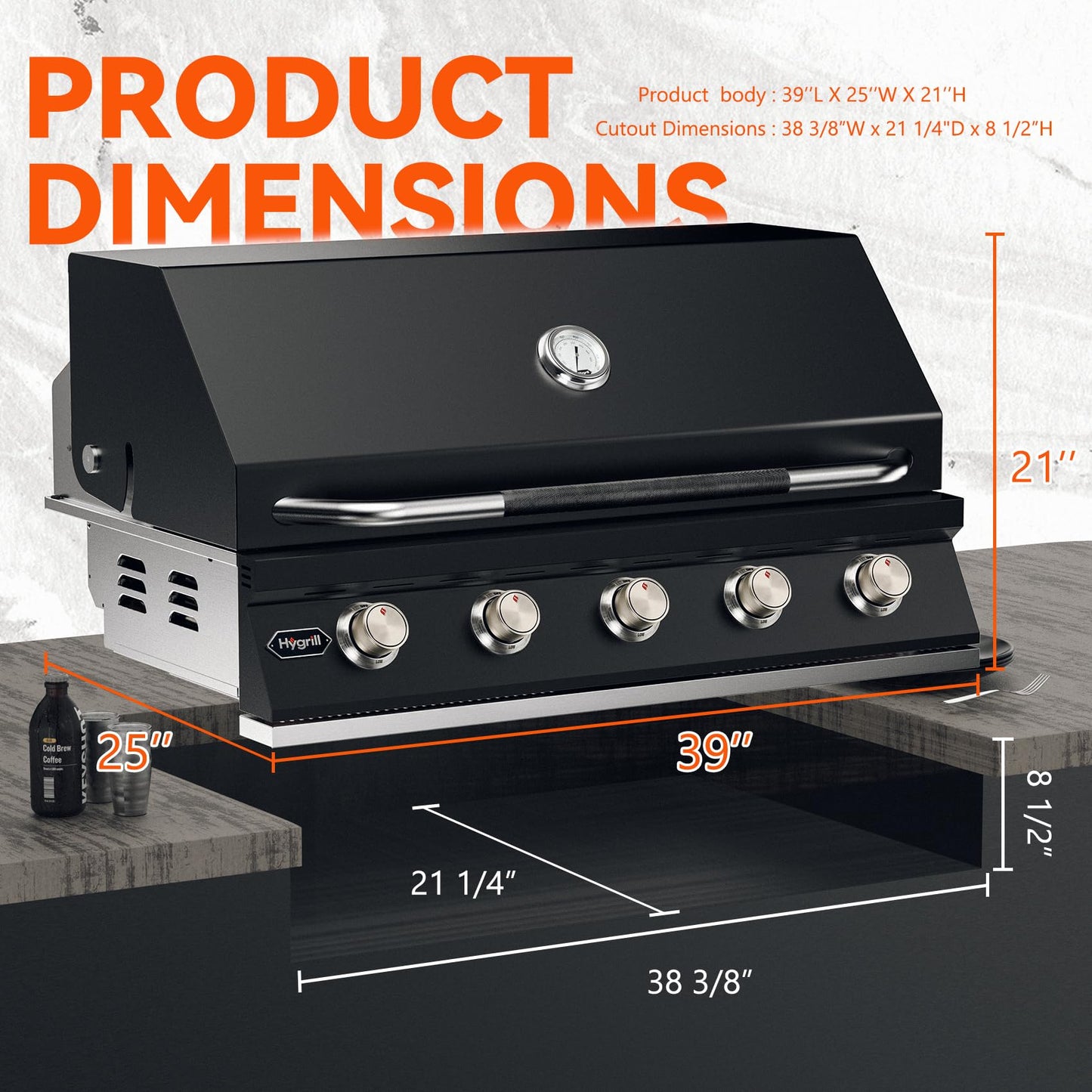 Hygrill STD Series 40-Inch Built In Grill for Natural Gas, Stainless Steel Outdoor Kitchen 5-Burner Grill Head, Black