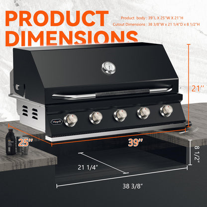 Hygrill STD Series 40-Inch Built In Grill for Liquid Propane, Stainless Steel Outdoor Kitchen 5-Burner Grill Head, Black