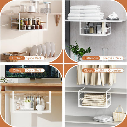 PEKGRIL 2 Pack Large Under Shelf Basket, White Undershelf Storage Basket, Heavy Duty Slide-in Hanging Storage Basket, Metal Under Cabinet Organizer for Kitchen, Pantry, Desk, Bookshelf, Cabinet