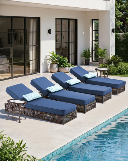 ACTREST Luxury Outdoor Chaise Lounge with 5 Inch Thickened Cushions - 1 Set High Back Brown Wicker Patio Recliners Rattan Reclining Chairs Porch Poolside Pool Sunbathing Lounger - Navy Blue