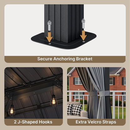 Ahomly 10'x12' Hardtop Gazebo, Aluminum Frame Metal Canopy with Double Roof, Outdoor Gazebo with Breathable Netting & Privacy Curtains, Pavilion for Patios for Backyard Deck Dark Grey