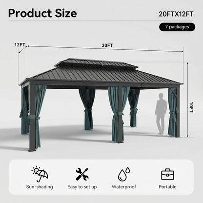 HOTEEL Gazebo 12x20 on Clearance with Metal Roof, Heavy Duty Hardtop Gazebo with Flame-Retardant Curtain & Netting, Outdoor Gazebos with Galvanized Steel Double Roof for Party,Patio Black