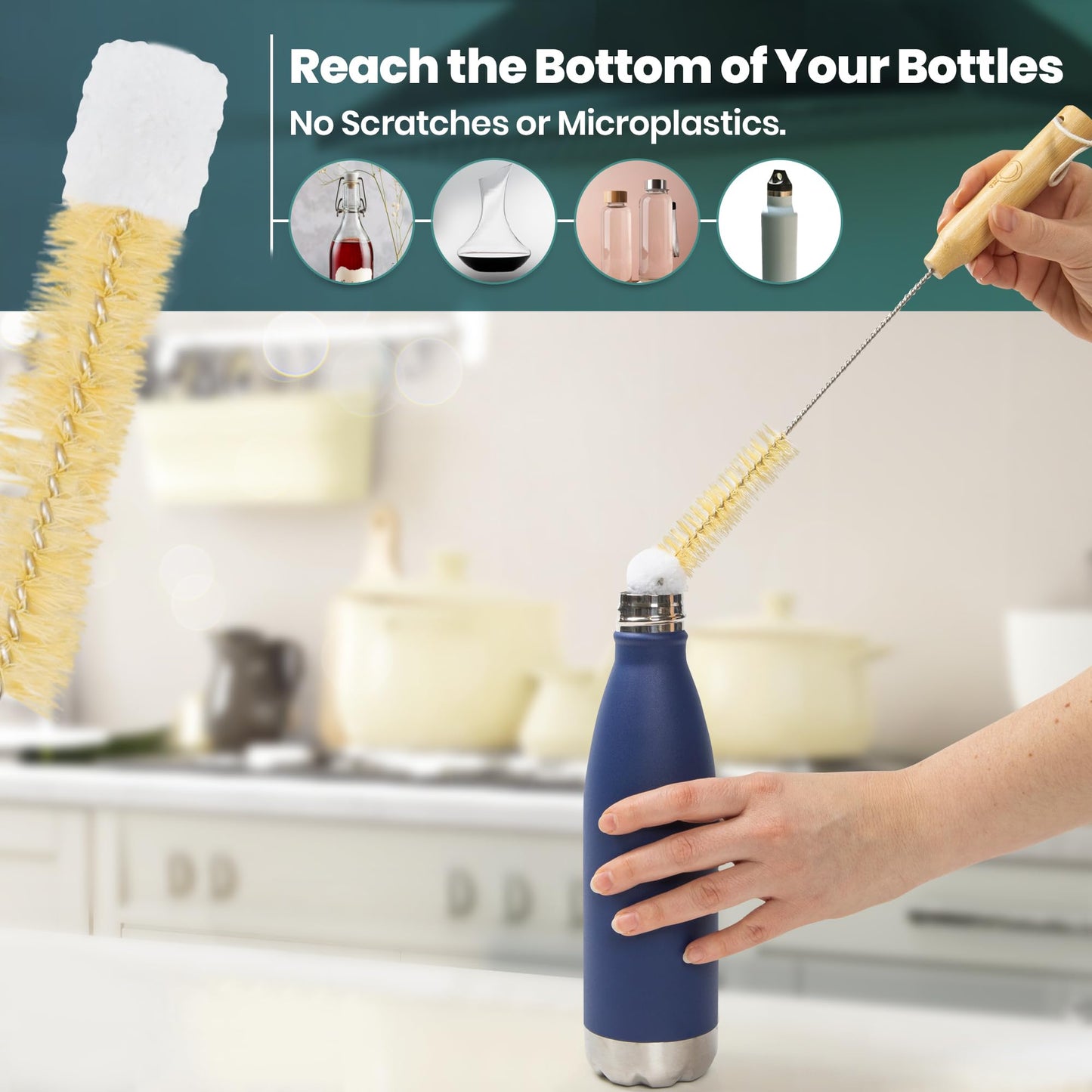 Bottle Brush Set - Ergonomic & Plastic Free Bamboo Bottle Brush, All in One Bottle And Straw Brush Cleaning Set, Sturdy Eco Friendly Water Bottle Cleaner Brush Set, Great Baby Bottle Cleaner Brush Set