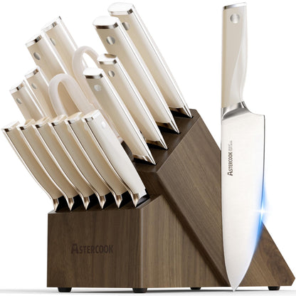 Astercook Knife Set Kitchen with Block and Sharpener Premium Full Tang 17 Pcs German Stainless Steel Knives Dishwasher Safe Kitchen Utensils Set with with and Anti-slip Ergonomic Handle, Cream White