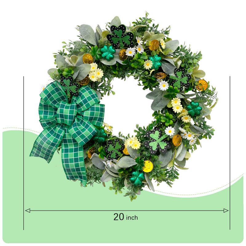 vivimemo St. Patrick's Day Wreath 20-inch Green Four-Leaf Clover Irish Day Wreath St. Patrick's Day Holiday Decoration Front Porch Party Spring Yard Decoration