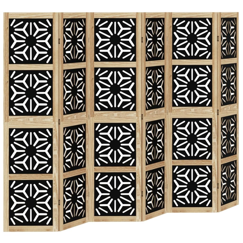 6 Panel Room Divider Brown Black Solid Paulownia Wood Frame Engineered Wood Privacy Screen Folding Partition for Bedroom Living Room Office