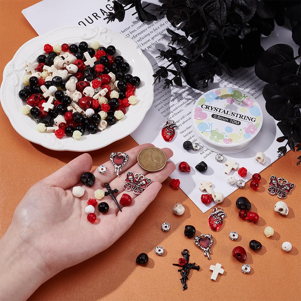 SUNNYCLUE 263Pcs Skull Beads Skeleton Beads Natural Lava Rock Cross Charms Black Red White Halloween Gothic Rose Flower Spacers for Jewelry Making Bracelets Necklaces DIY Crafts Gift Holiday Women