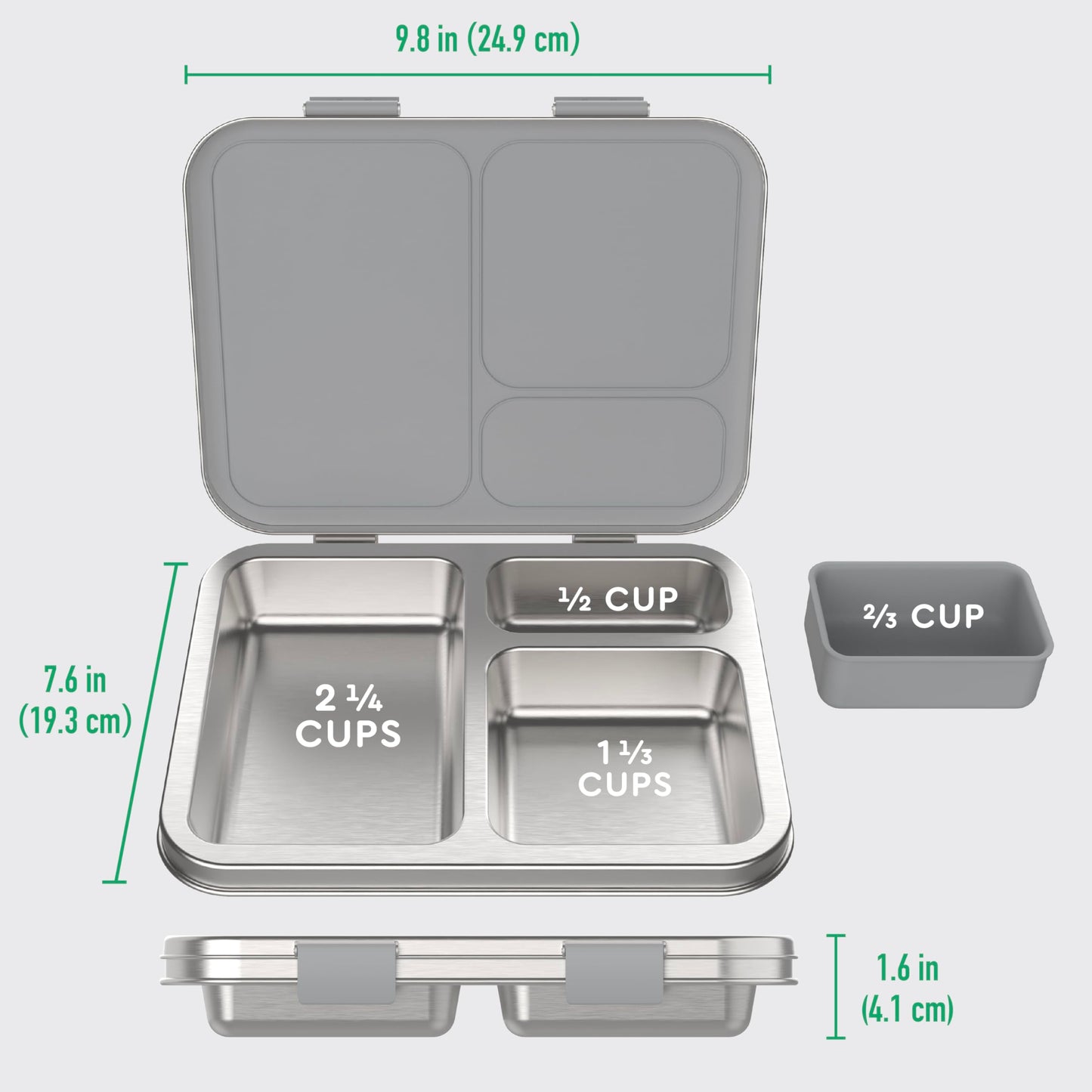 Bentgo Kids Stainless Steel Leak-Resistant Lunch Box - 3-Compartments with Bonus Silicone Container, Durable, Eco-Friendly, Dishwasher Safe, BPA-Free, Ideal for School, Ages 3+ (Silver)