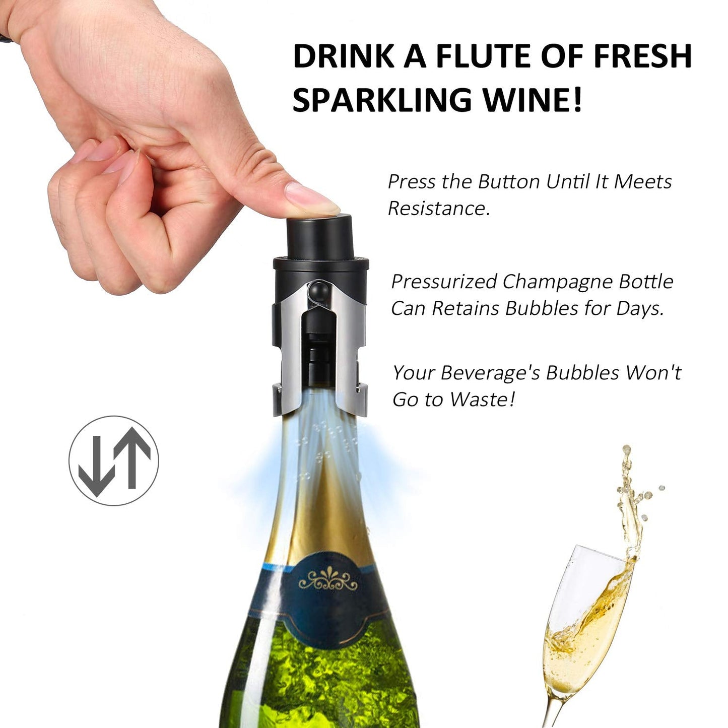 HYZ 2-Pack Champagne Stoppers Wine Saver, Sparkling Wine Vaccum Stoppers with Built-in Pump for Champagne, Prosecco and Cava - Stainless Steel + ABS Champagne Bottle Stoppers, Black