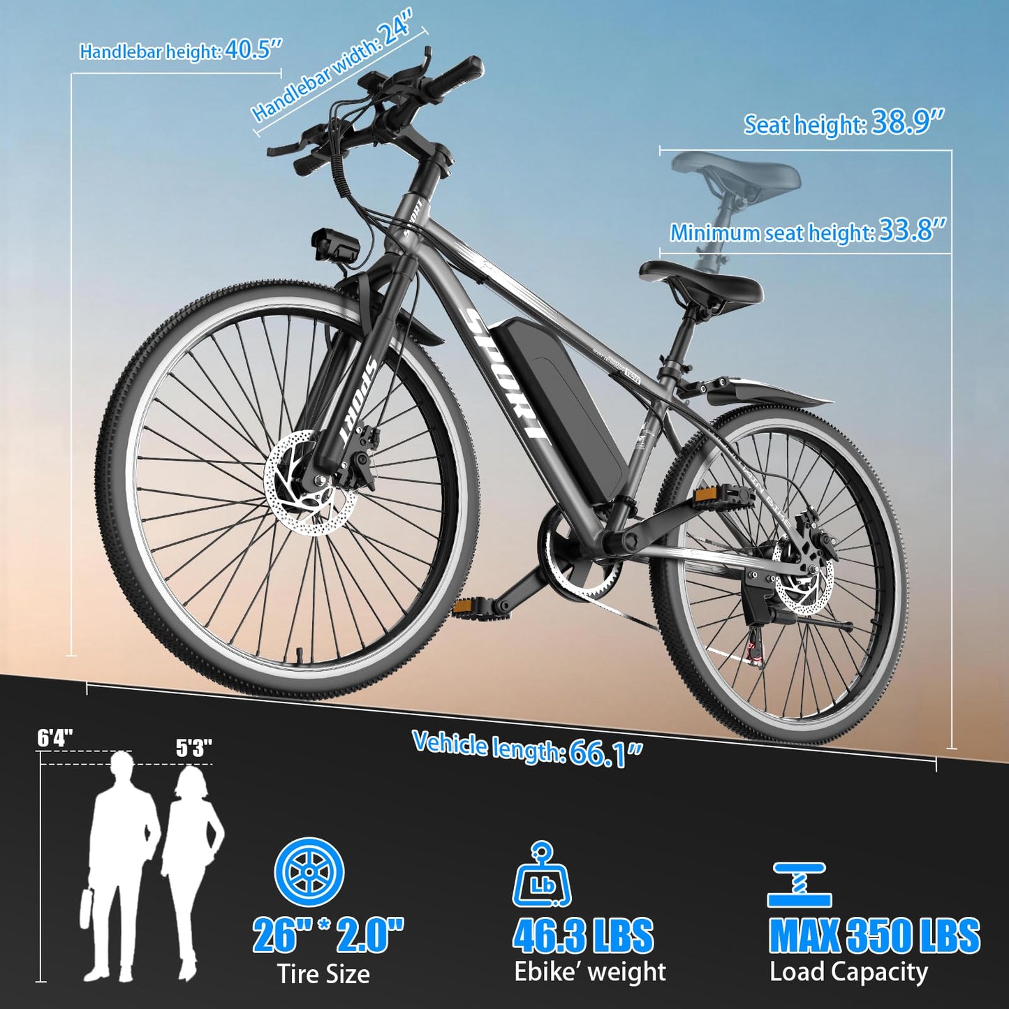 GWEIT Electric Bike for Adults with 1500W Peak Motor, 25MPH 65Miles Electric Mountain Bike with 48V 10AH Removable Battery, 26" Commuting Ebike with 7 Speeds Front Suspension