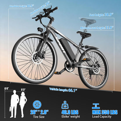 GWEIT Electric Bike for Adults with 1500W Peak Motor, 25MPH 65Miles Electric Mountain Bike with 48V 10AH Removable Battery, 26" Commuting Ebike with 7 Speeds Front Suspension