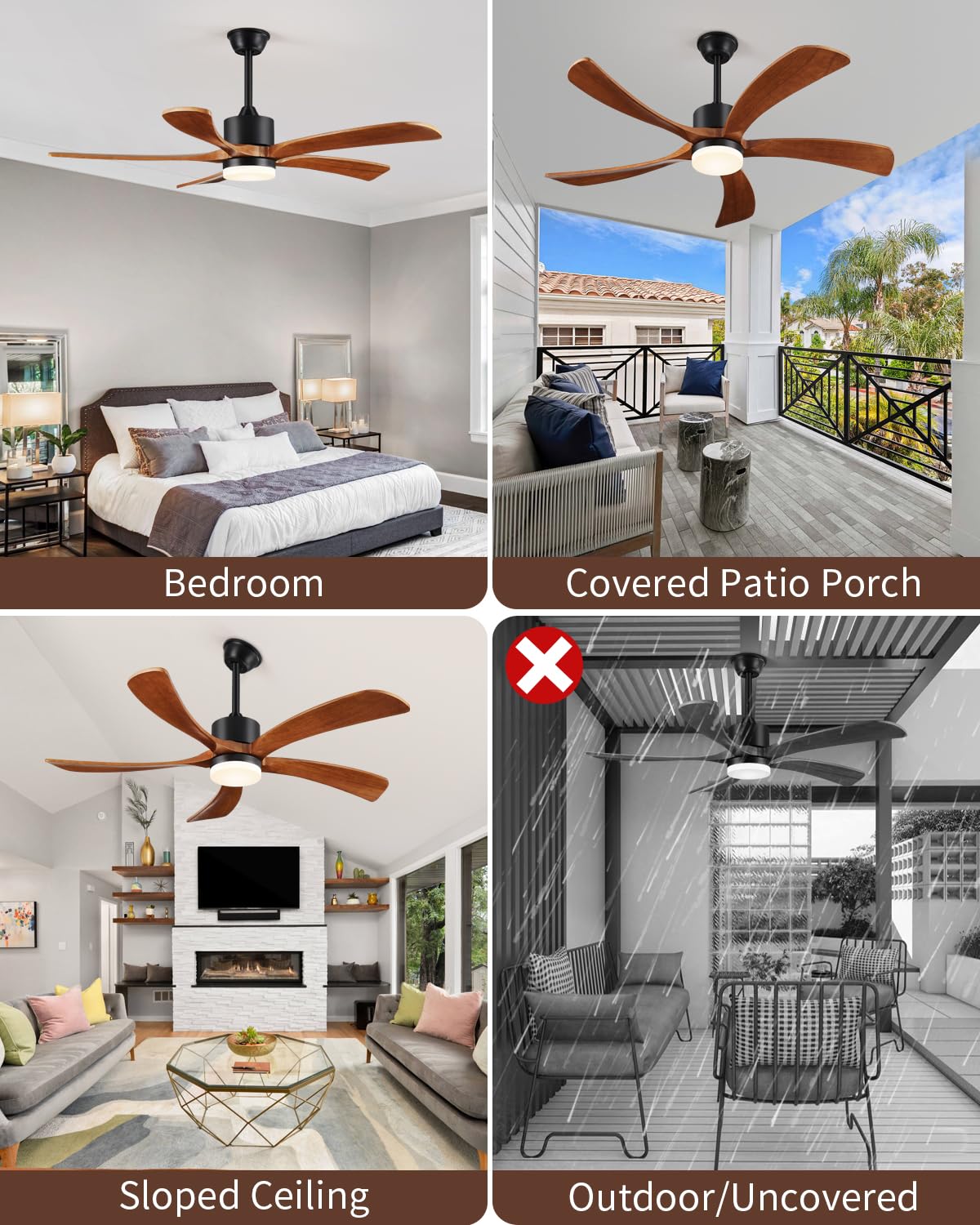Forrovenco 72 In Ceiling Fans with Lights and Remote, USA Original Patent 72" Large Ceiling Fan, 3 Downrods, 5 Solid Wood Blades, 6 Speeds Quiet DC Motor Modern Outdoor Indoor Fan, 72in Yellow Walnut
