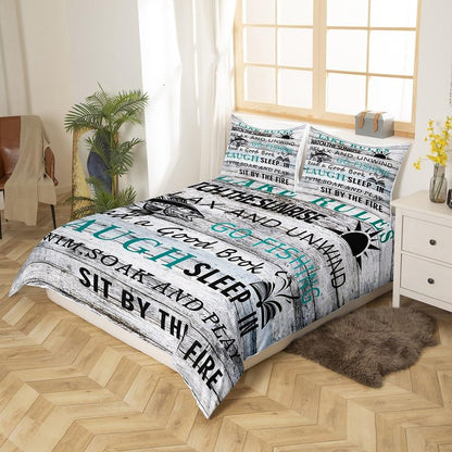 Feelyou Lake House Duvet Cover Fishing Bedding Set for Kids Boys Girls Camping House Comforter Cover Wooden Stripes Texture Bedspread Cover 1 Duvet Cover with 2 Pillowcases Queen Size (No Comforter)